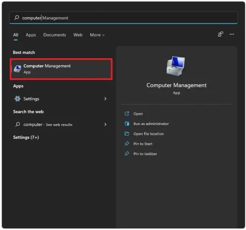 Start Menu Search > Computer Management