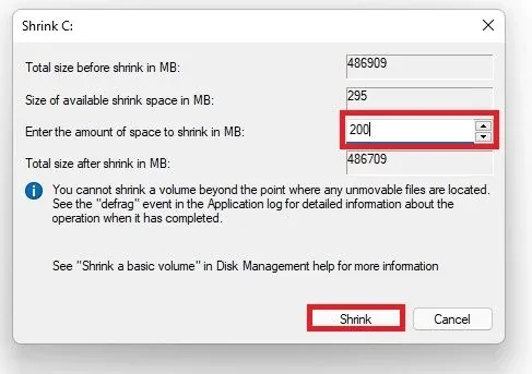 Enter the amount of space to shrink in MB