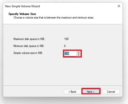 New Simple Volume Wizard > Simple Volume Size in MB