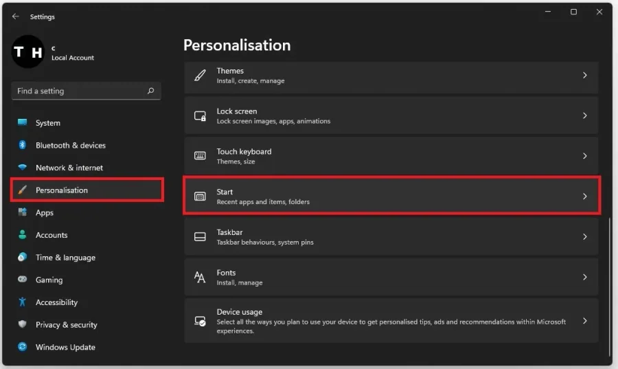 Windows Settings > Personalisation > Start