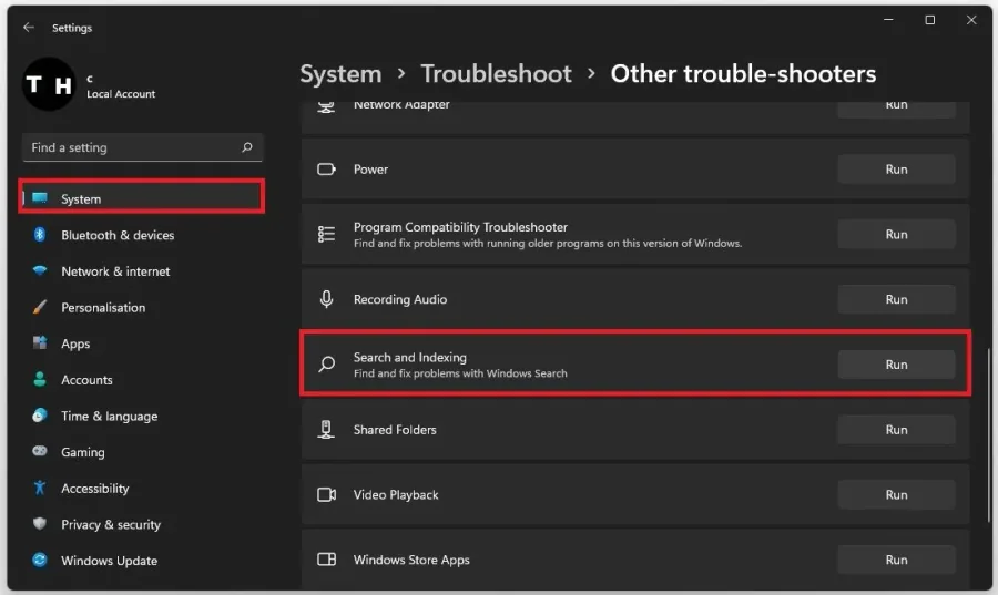 Windows Settings > System > Troubleshoot > Other trouble-shooters > Search and Indexing