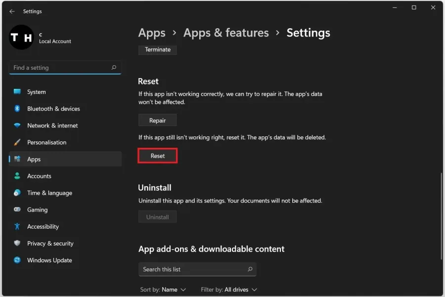 Windows Settings > Apps > Apps & Features > Settings