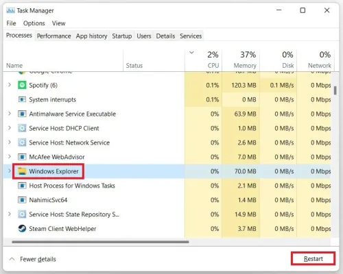Task Manager > Processes > Windows Explorer > Restart