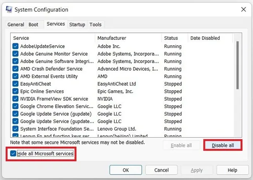 System Configuration > Services > Hide All Microsoft Services