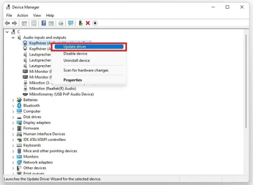 Device Manager > Audio Inputs and Outputs > Update Driver