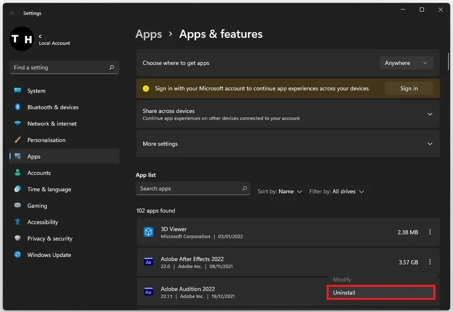Windows Settings > Apps > Apps & Features > Uninstall Programs