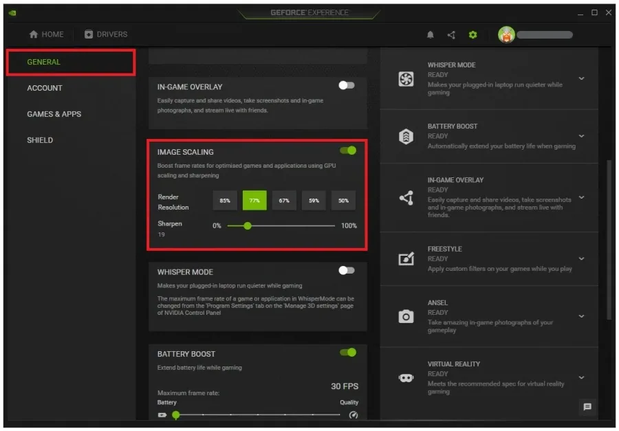 GeForce Experience > General Settings > Image Scaling