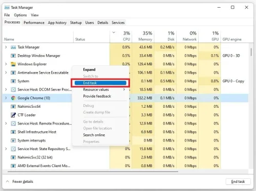 Task Manager > Processes > End Task