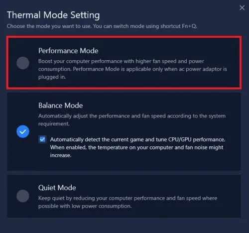 Lenovo Vantage > Thermal Mode Setting
