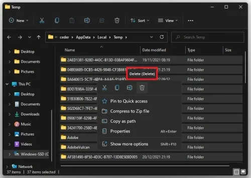 Delete the files in the %temp% folder