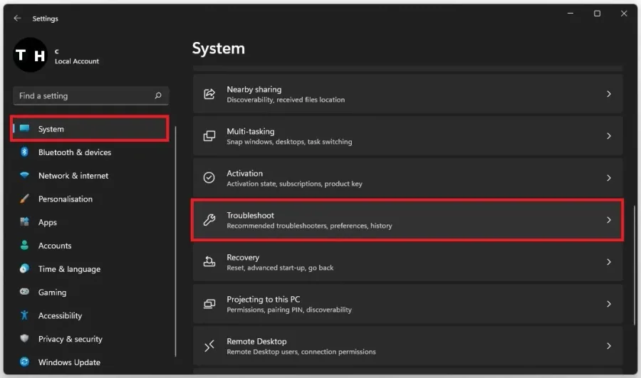 System Settings > Troubleshoot