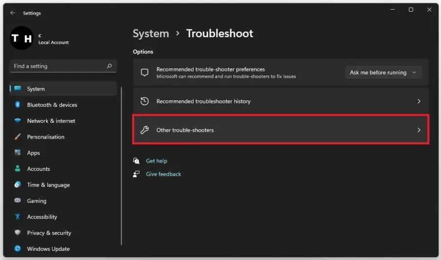 Troubleshoot > Other Troubleshooters