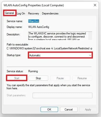 WLAN AutoConfig Properties > General > Services Status