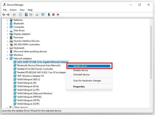 Device Manager > Device > Update Driver