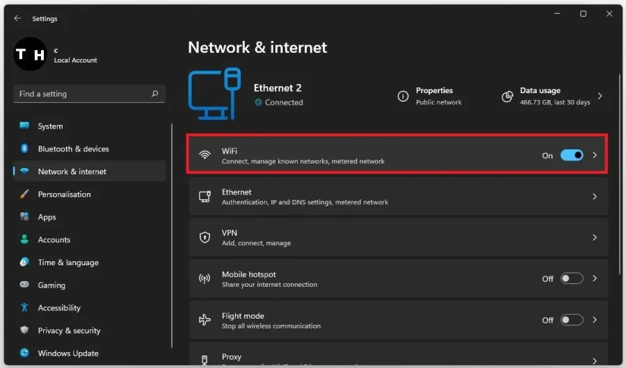 Windows Settings > Network & Internet > WiFi