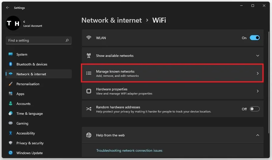 WiFi > Manage Known Networks