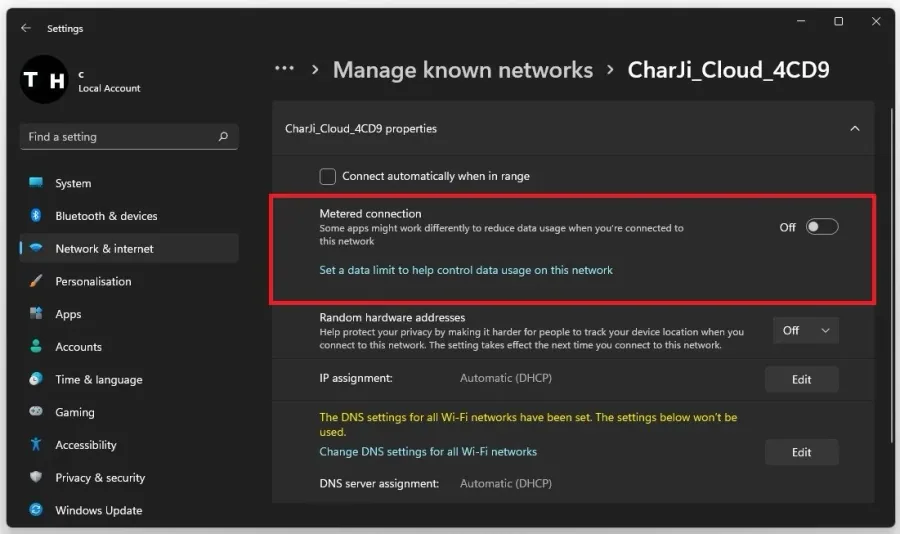 Manage Known Networks > Disable Metered Connection