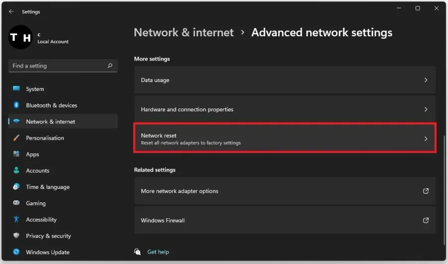 Advanced Network Settings > Network Reset