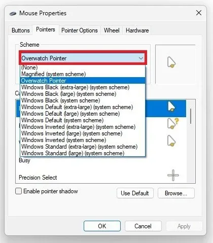 Mouse Properties > Pointers > Scheme