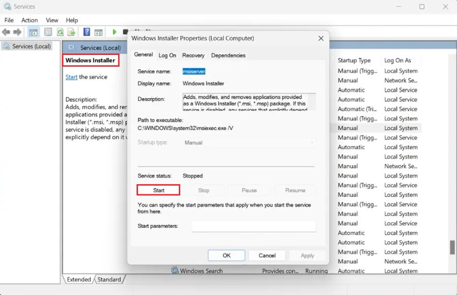start windows installer service