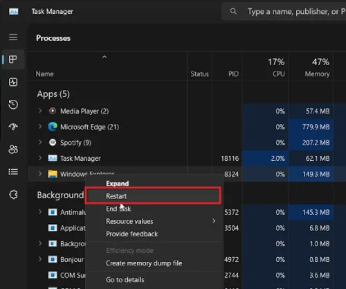 restart windows explorer