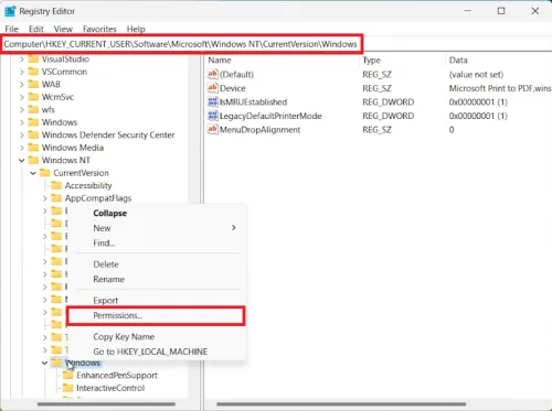 registry editor permissions