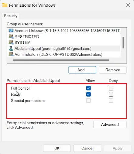 allow full control permissions