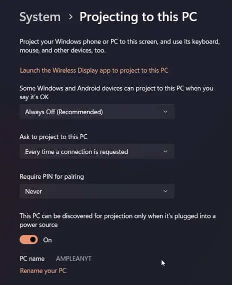 projecting to this pc settings