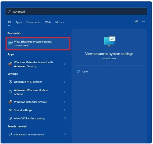 View advanced system settings
