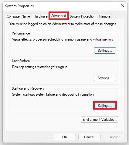 System Properties > Advanced > Settings