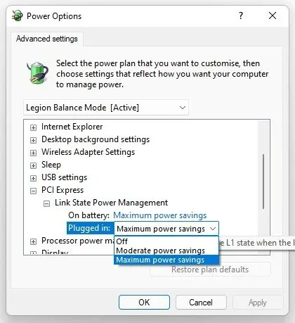 Power Options > Advanced Settings