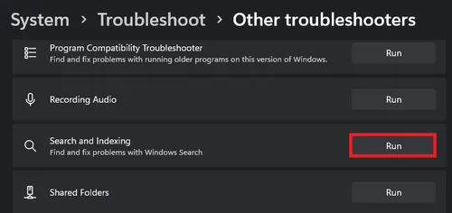 run the search and indexing troubleshooter