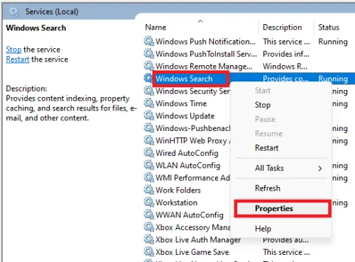 windows services manager windows search