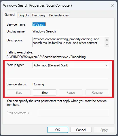 startup type for windows search service
