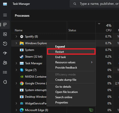 restart the Windows Explorer process