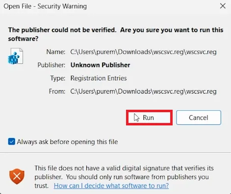 run the registry editor file