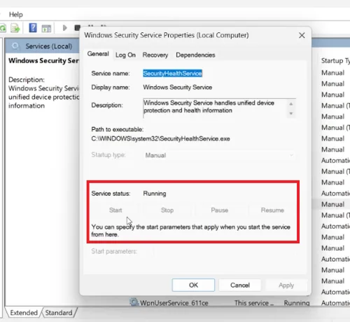 start windows security service
