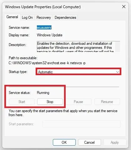 Start the service & Set startup type to Automatic