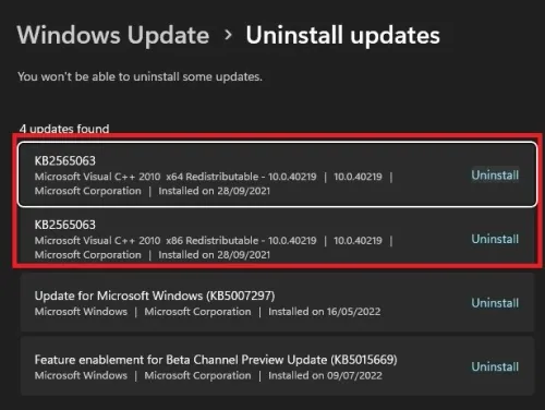 Uninstall Windows update