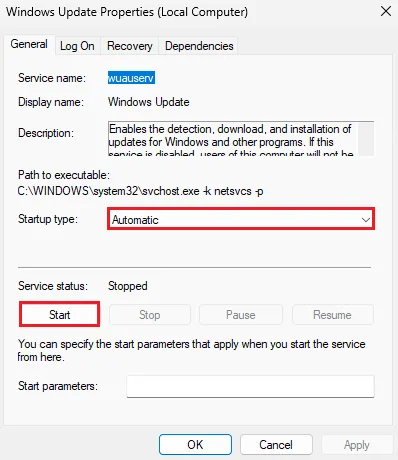 windows update service properties