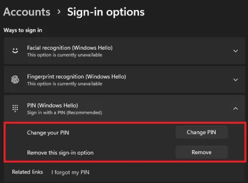 windows PIN options to change the pin