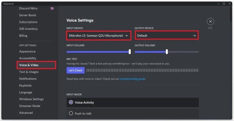 Discord User Settings > Voice & Video > Voice Settings