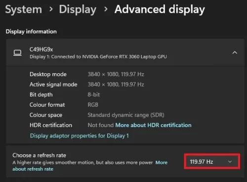 Windows Settings > Display > Advanced Display