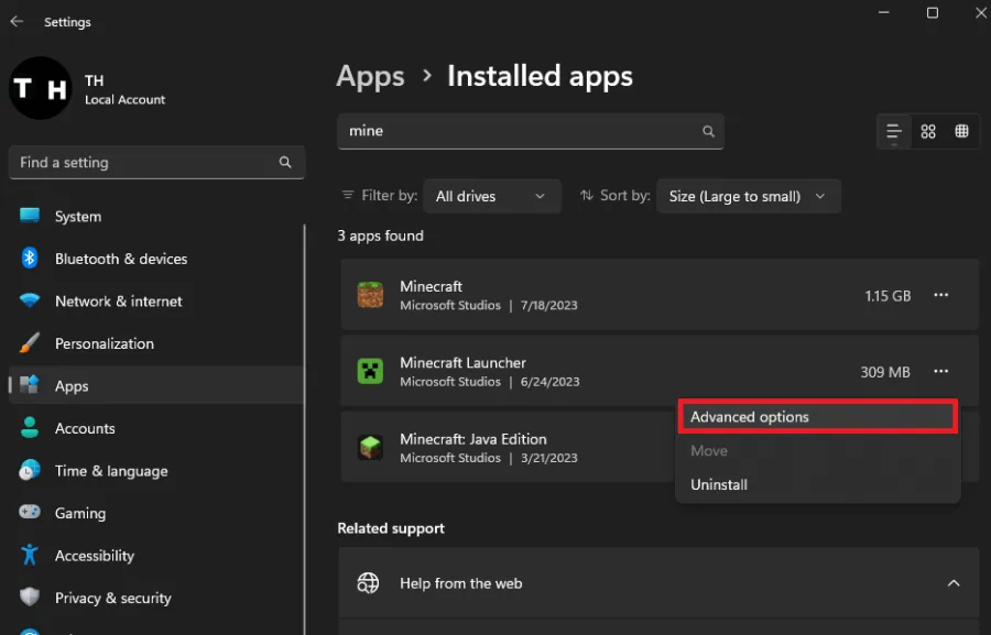 apps advanced options