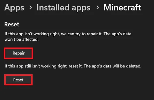 repair or reset app