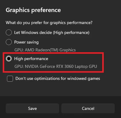 change graphics preference