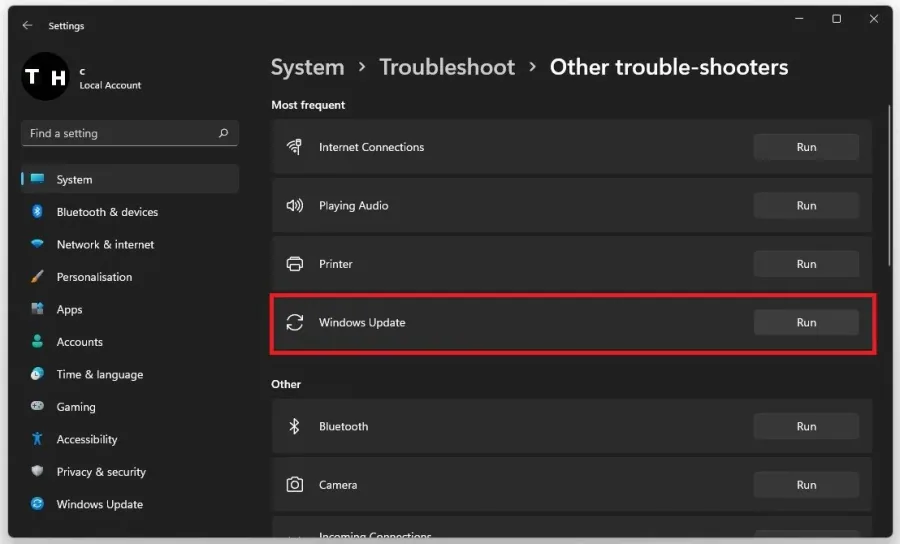System Settings > Troubleshoot > Other trouble-shooters