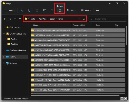 Delete all the files in the %temp% folder