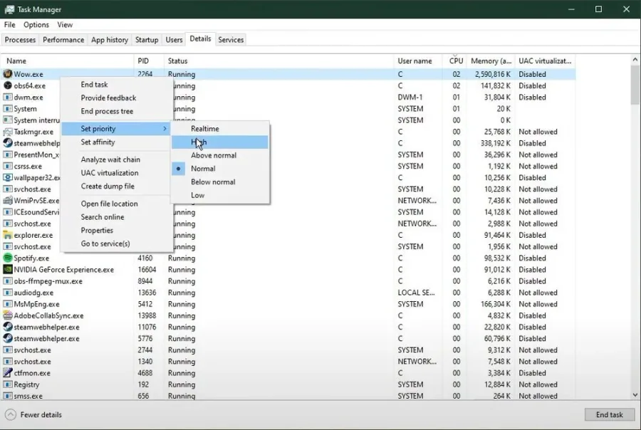 Don’t change the priority to High in case the game is already using up 100% of your CPU capabilities.