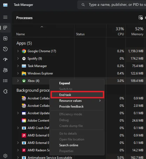end xbox app task